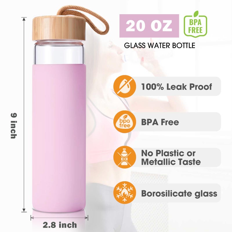Yomious 20 Oz Borosilicate Glass Water Bottles with Silicone Sleeve BPA Free, Dishwasher Safe - Reusable Clear Glass Drinking with Leak Proof Bamboo Lid | Perfect Gym Water Bottles for Men & Women - Image 3